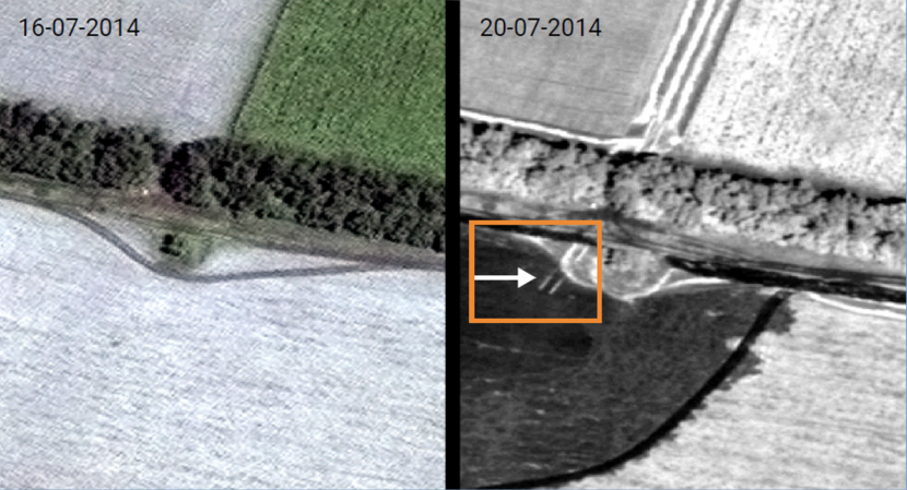 De bevindingen van de beeldspecialist. Rechts ziet u het satellietbeeld van 20 juli 2014, met in het oranje kader de sporen die door de beeldspecialist van defensie als tracksporen worden herkend. Op de linkerfoto ziet u dat deze sporen op 16 juli 2014 ontbreken.