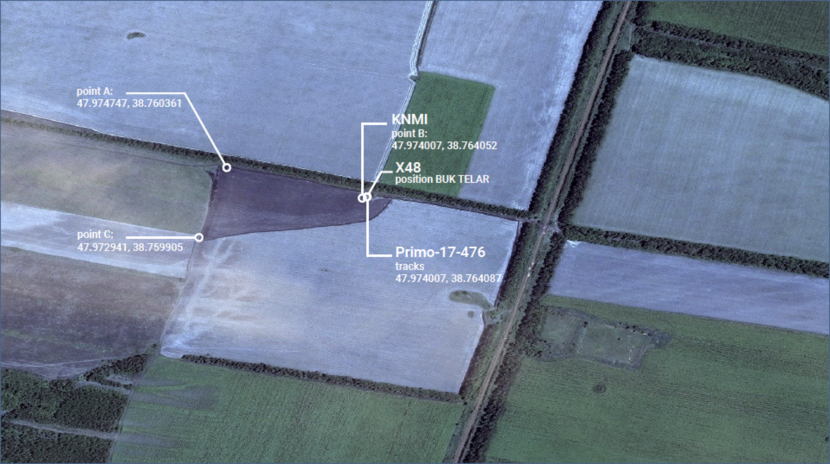 Satellietbeeld van het landbouwveld nabij Pervomaiskyi op basis van de verklaring van X48, de bevindingen van het KNMI en de beeldspecialist